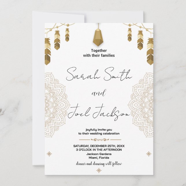 Golden Feather and Art Wedding Invitations (Front)