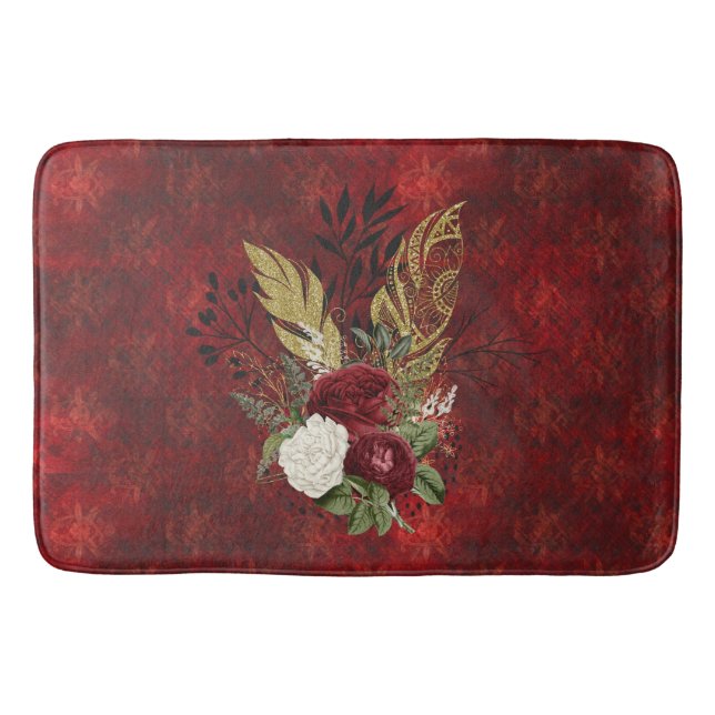 Golden Feathers and Roses Goth Inspired Bath Mat (Front)