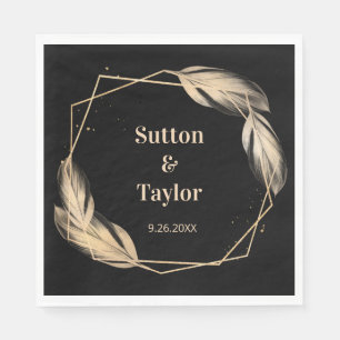 Golden Feathers on Black Rehearsal Dinner Napkin