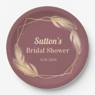 Golden Feathers on Mauve Bridal Shower Paper Plate