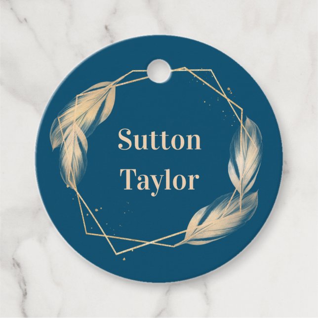 Golden Feathers on Navy Favour Tags (Front)