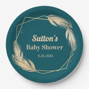 Golden Feathers on Teal Baby Shower Paper Plate