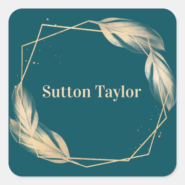 Golden Feathers on Teal Square Sticker (Front)