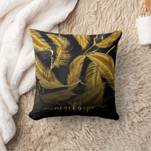Golden Feathers Throw Pillow