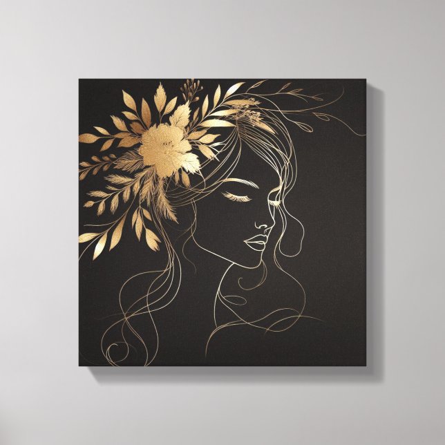 Golden Feminine Line Art Face with Floral Crown Canvas Print (Front)