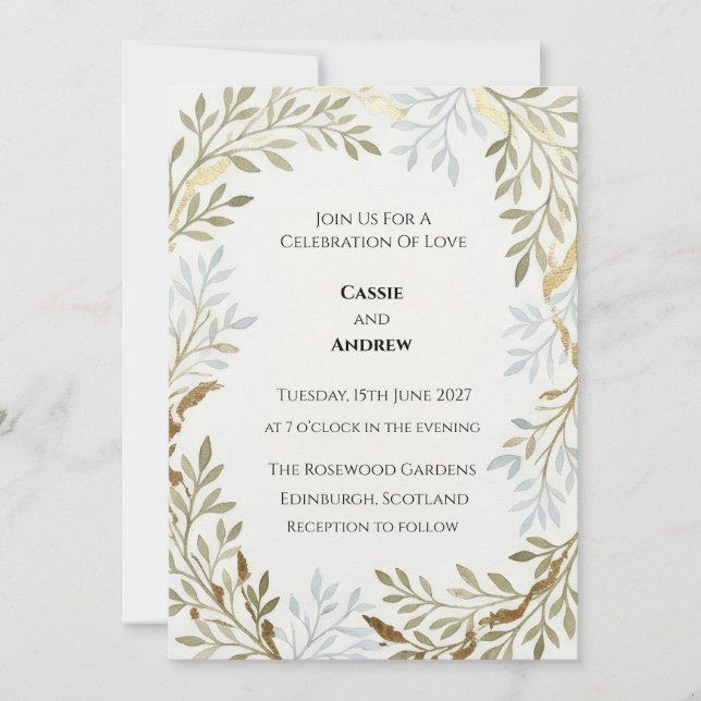 Golden Fern Leaf Wedding Invite (Front)