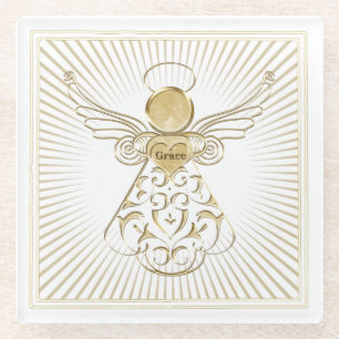 Golden Filigree Christmas Angel of Grace Glass Coaster
