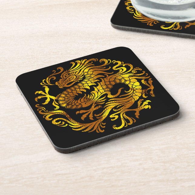 Golden Fire: A Dragon's Engraving Coaster (Left Side)