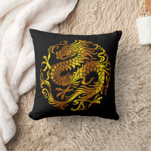 Golden Fire: A Dragon's Engraving Throw Pillow