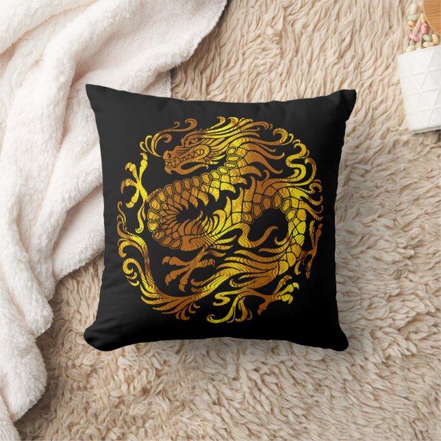 Golden Fire: A Dragon's Engraving Throw Pillow (Blanket)