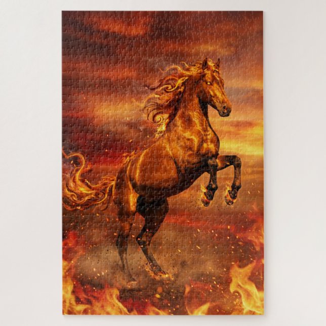 Golden Fire Stallion – Powerful Fantasy Puzzle (Vertical)