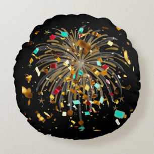 Golden Fireworks & Confetti Celebration Round Pillow
