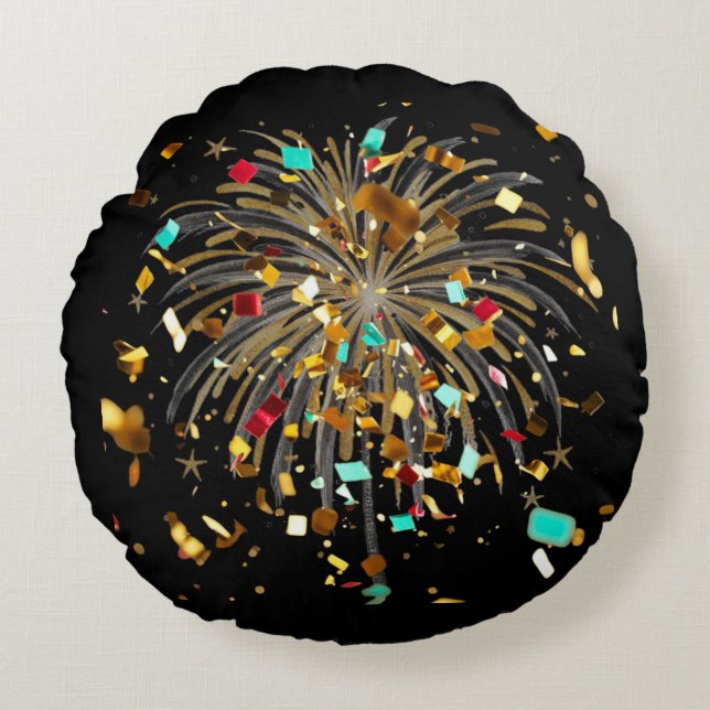 Golden Fireworks & Confetti Celebration Round Pillow (Front)
