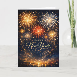 Golden Fireworks Night Sky New Year Holiday Card