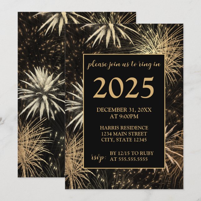 Golden Fireworks Nouvel An Eve Party Invitation (Devant / Derrière)
