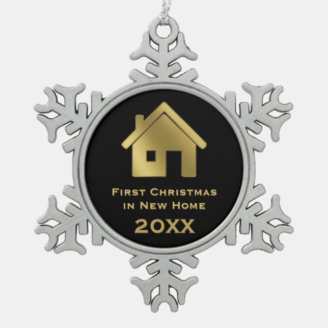 Golden First Christmas in New Home 20XX Snowflake Pewter Christmas Ornament (Front)