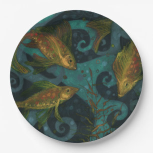Golden Fish, Pisces, Nautical Underwater Art Black Paper Plate