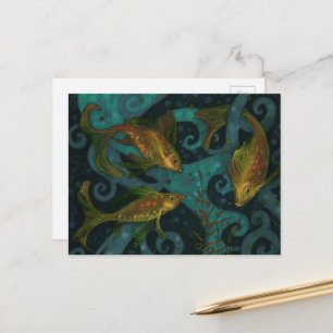 Golden Fish Underwater Animals Painting Black Teal Postcard