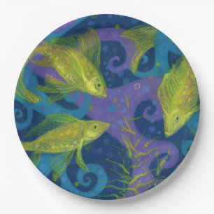 Golden Fishes, Pisces, fish, nautical underwater Paper Plate