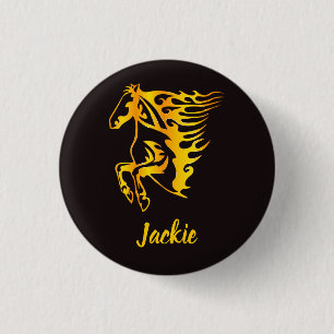 Golden flame horse with custom name  1 inch round button