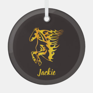 Golden flame horse with custom name  glass ornament