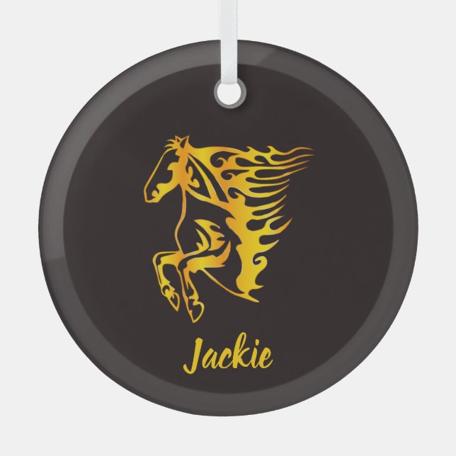 Golden flame horse with custom name  glass ornament (Front)