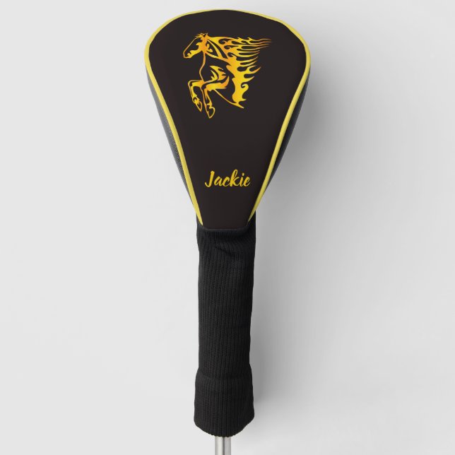 Golden flame horse with custom name  golf head cover (Front)