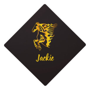 Golden flame horse with custom name  graduation cap topper