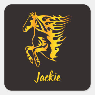 Golden flame horse with custom name  square sticker