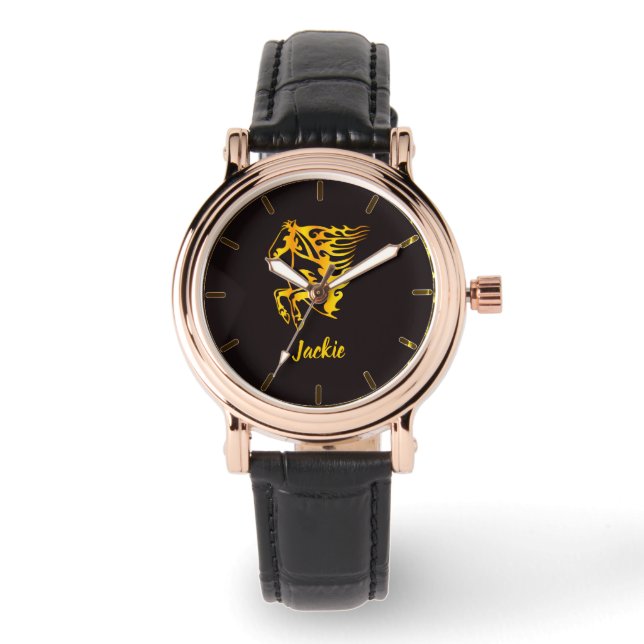 Golden flame horse with custom name  watch (Front)
