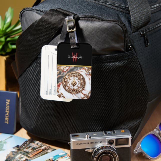 Golden Flame on Marble Luggage Tag (Front & Back)