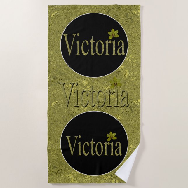 Golden Flecks Victoria Name Design, Beach Towel (Front)