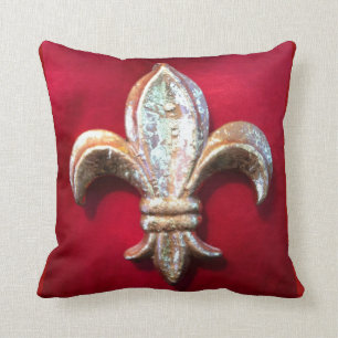 Golden Fleur-de-lis against Dark Red Ground Throw Pillow