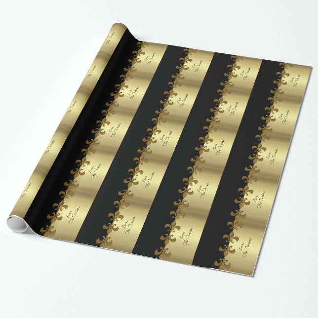 Golden Fleur-de-lis black and gold custom monogram Wrapping Paper (Unrolled)