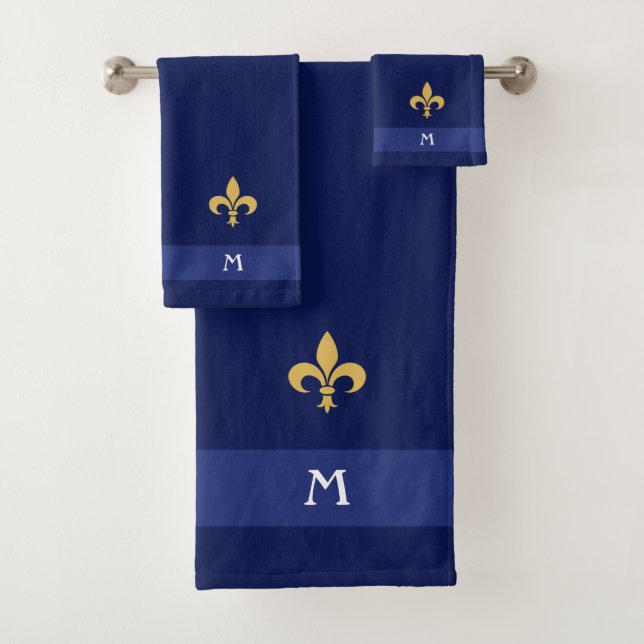 Golden Fleur-de-Lis & Monogram on Navy Blue Bath Towel Set (Insitu)