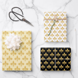 Golden Fleur de Lis on Black  Golden & White Wrapping Paper Sheet