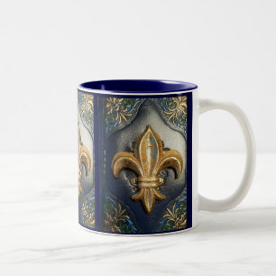 Golden Fleur de lis on blue print Mug