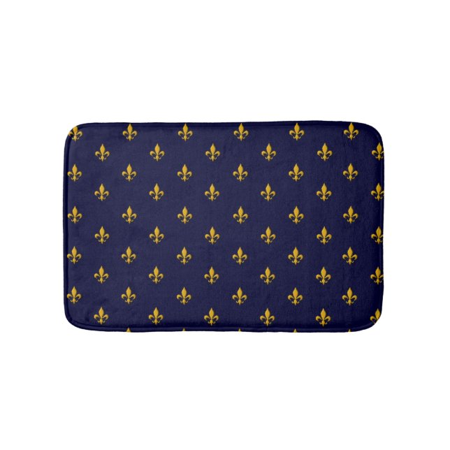 Golden Fleur de Lis on Navy Blue Bath Mat (Front)
