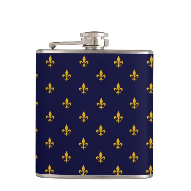 Golden Fleur de Lis on Navy Blue Hip Flask (Front)