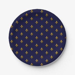 Golden Fleur de Lis on Navy Blue Paper Plate