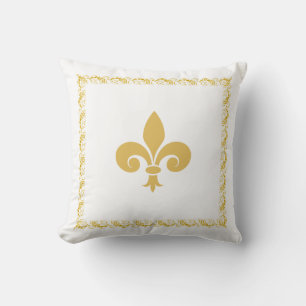 Golden Fleur de Lis on White Throw Pillow