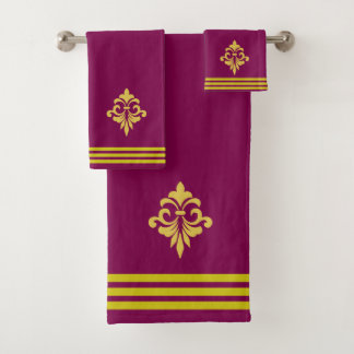 Golden Fleur de Lis, Three Stripes on Maroon Bath Towel Set