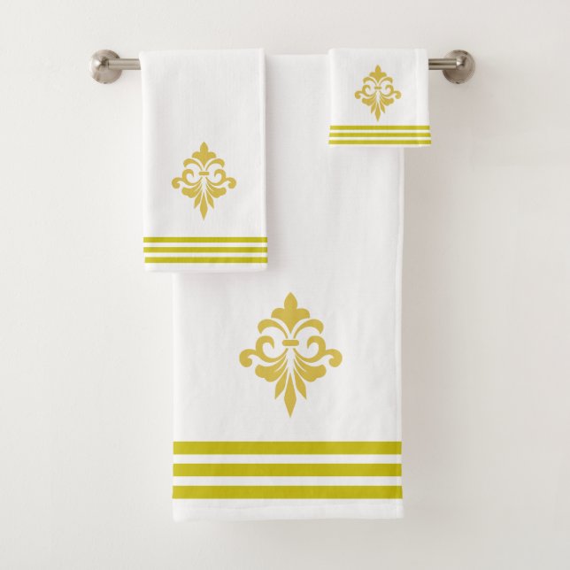 Golden Fleur de Lis, Three Stripes on White Bath Towel Set (Insitu)