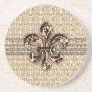 Golden Fleur De Lis with Cream Damask Pattern Coaster