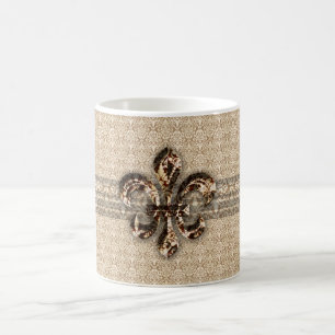 Golden Fleur De Lis with Cream Damask Pattern Coffee Mug