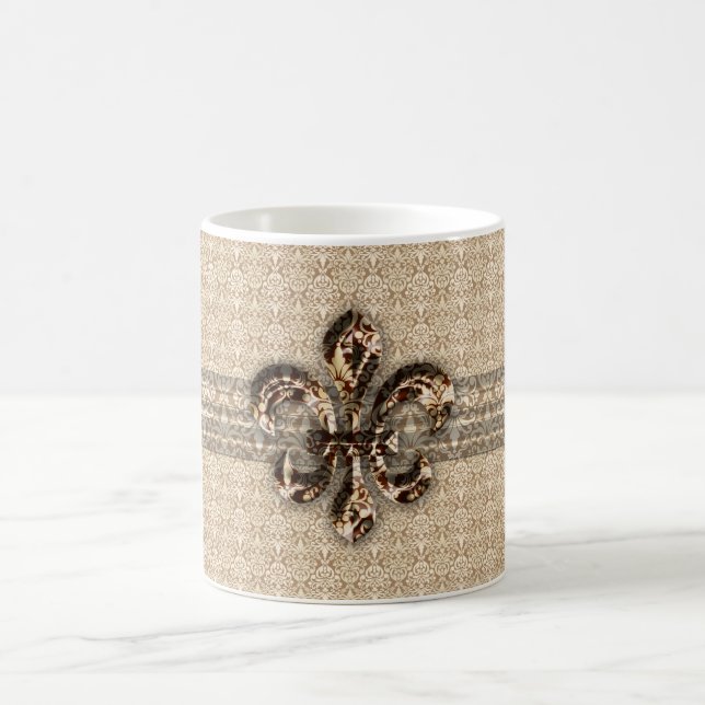 Golden Fleur De Lis with Cream Damask Pattern Coffee Mug (Center)