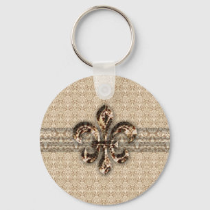 Golden Fleur De Lis with Cream Damask Pattern Keychain