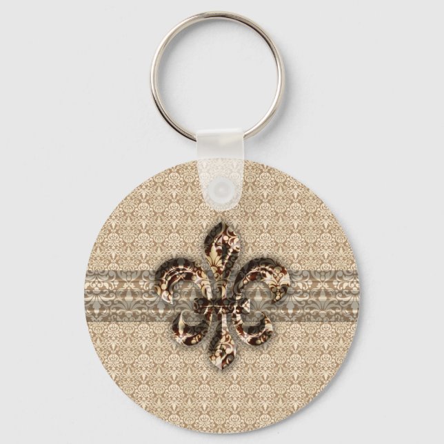Golden Fleur De Lis with Cream Damask Pattern Keychain (Front)