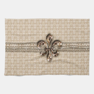 Golden Fleur De Lis with Cream Damask Pattern Kitchen Towel