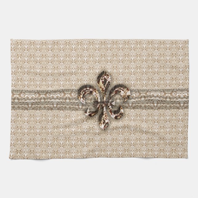 Golden Fleur De Lis with Cream Damask Pattern Kitchen Towel (Horizontal)
